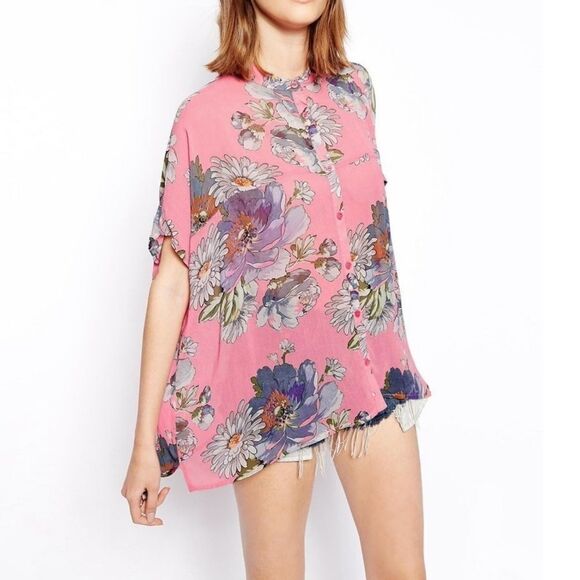 ASOS Pink Short Sleeve Floral Kimono Blouse 6 - Picture 1 of 7